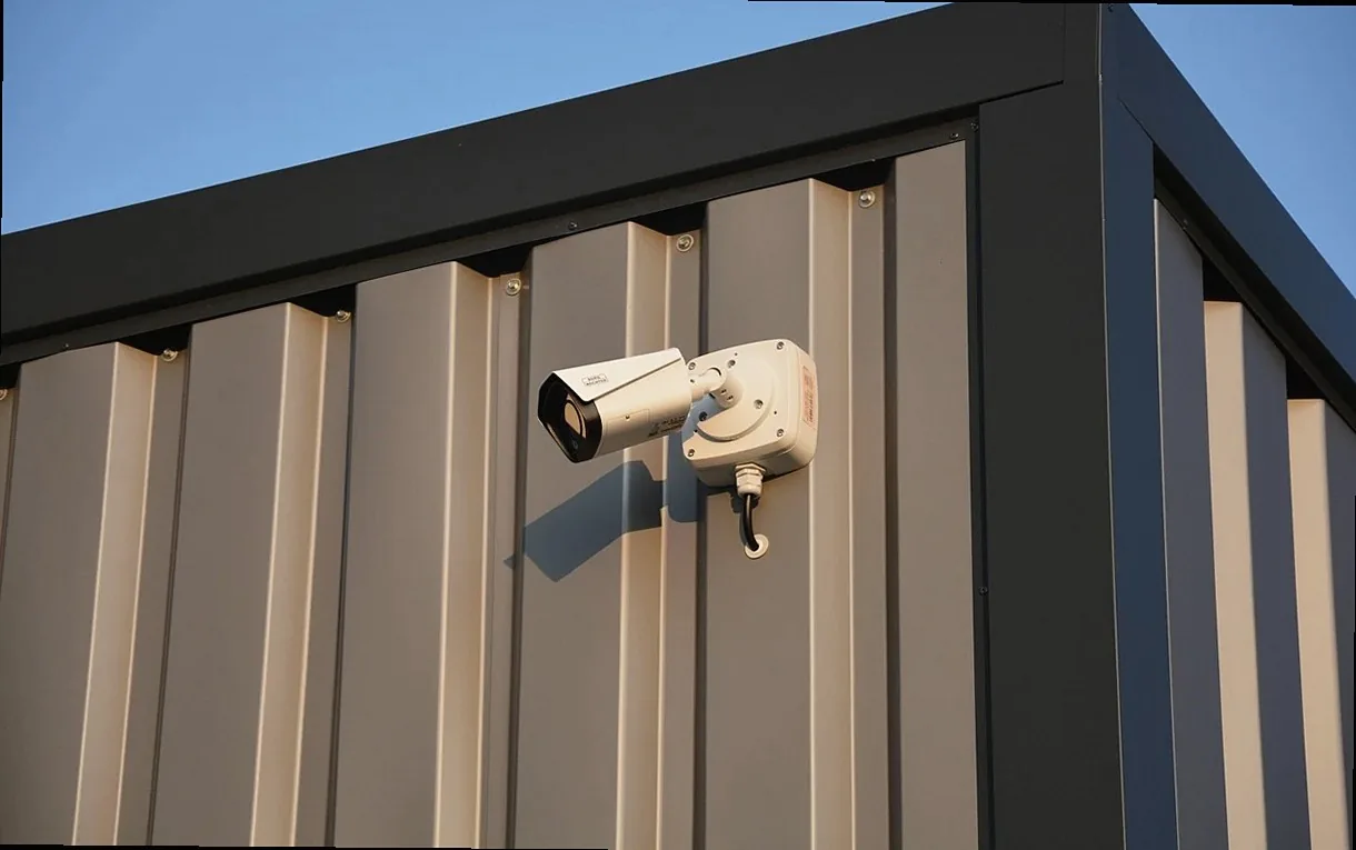 A surveillance camera mounted on the corner of a building